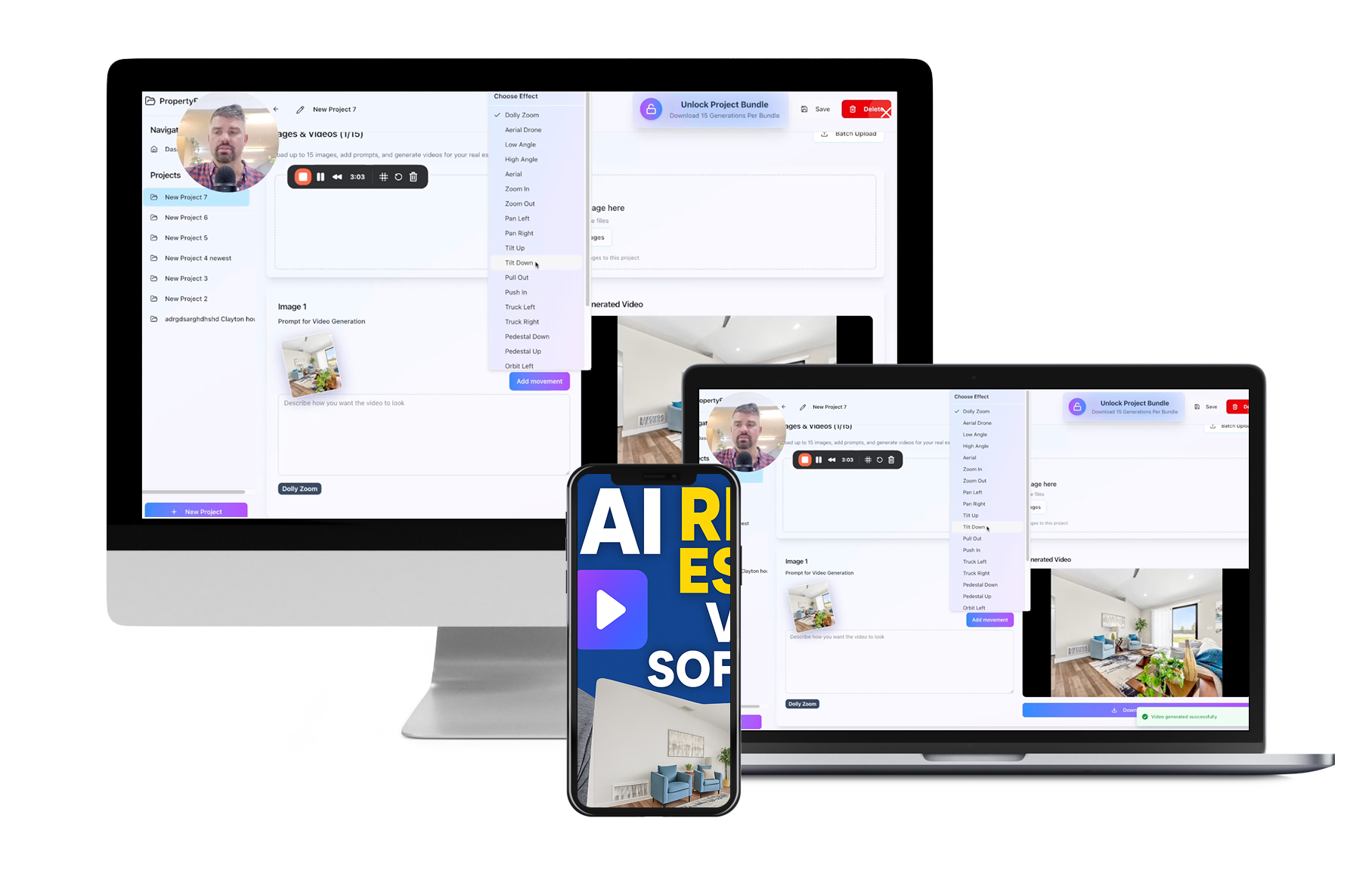 PhotoAIVideo software interface on multiple devices