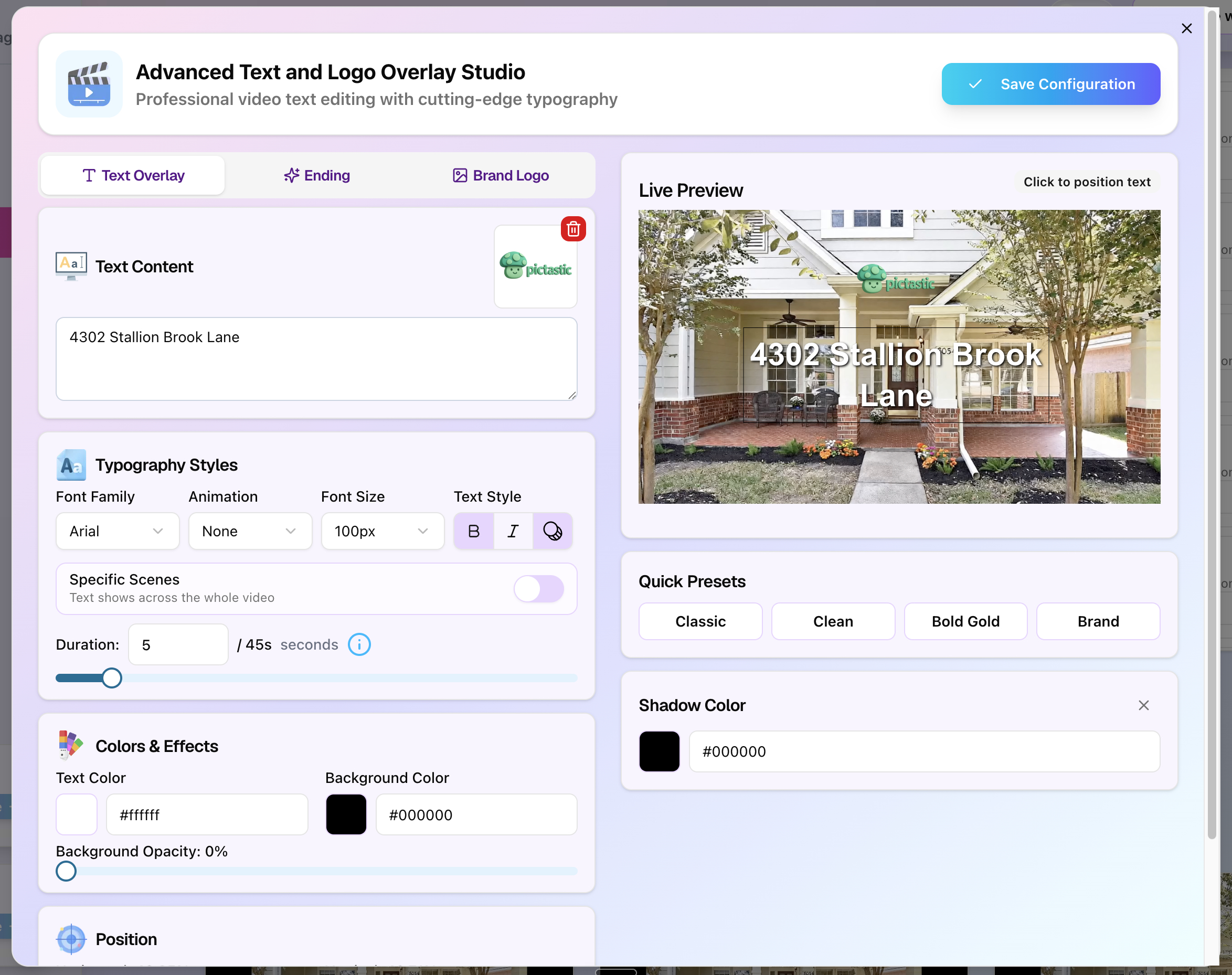 The Advanced Text and Logo Overlay Studio showing text content, typography styles, colors and effects controls on the left, with a live preview of a listing video displaying the address 4302 Stallion Brook Lane and a brand logo on the right